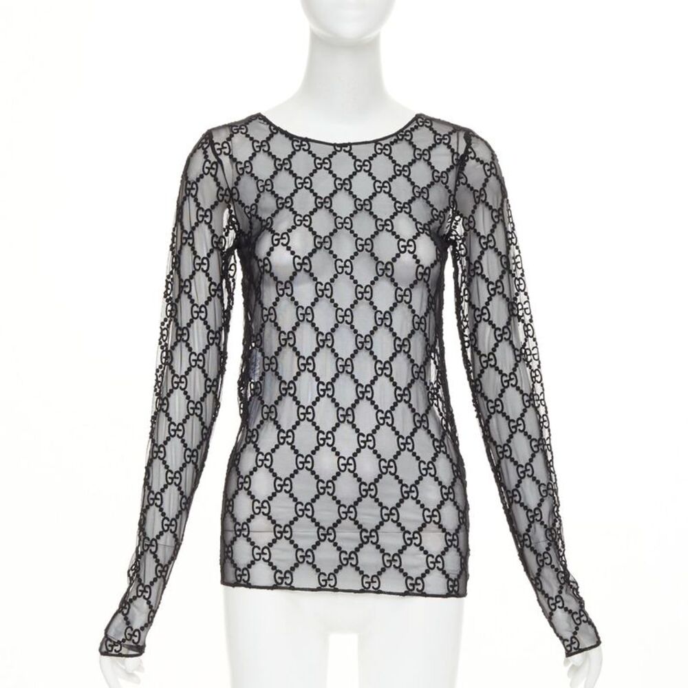 Gucci sheer monogram GG embroidered tulle long sleeve top